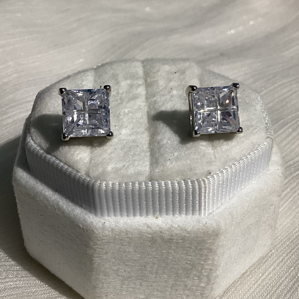 Princess Cut CZ Stud Earrings Silver Unique Panel Etching Design